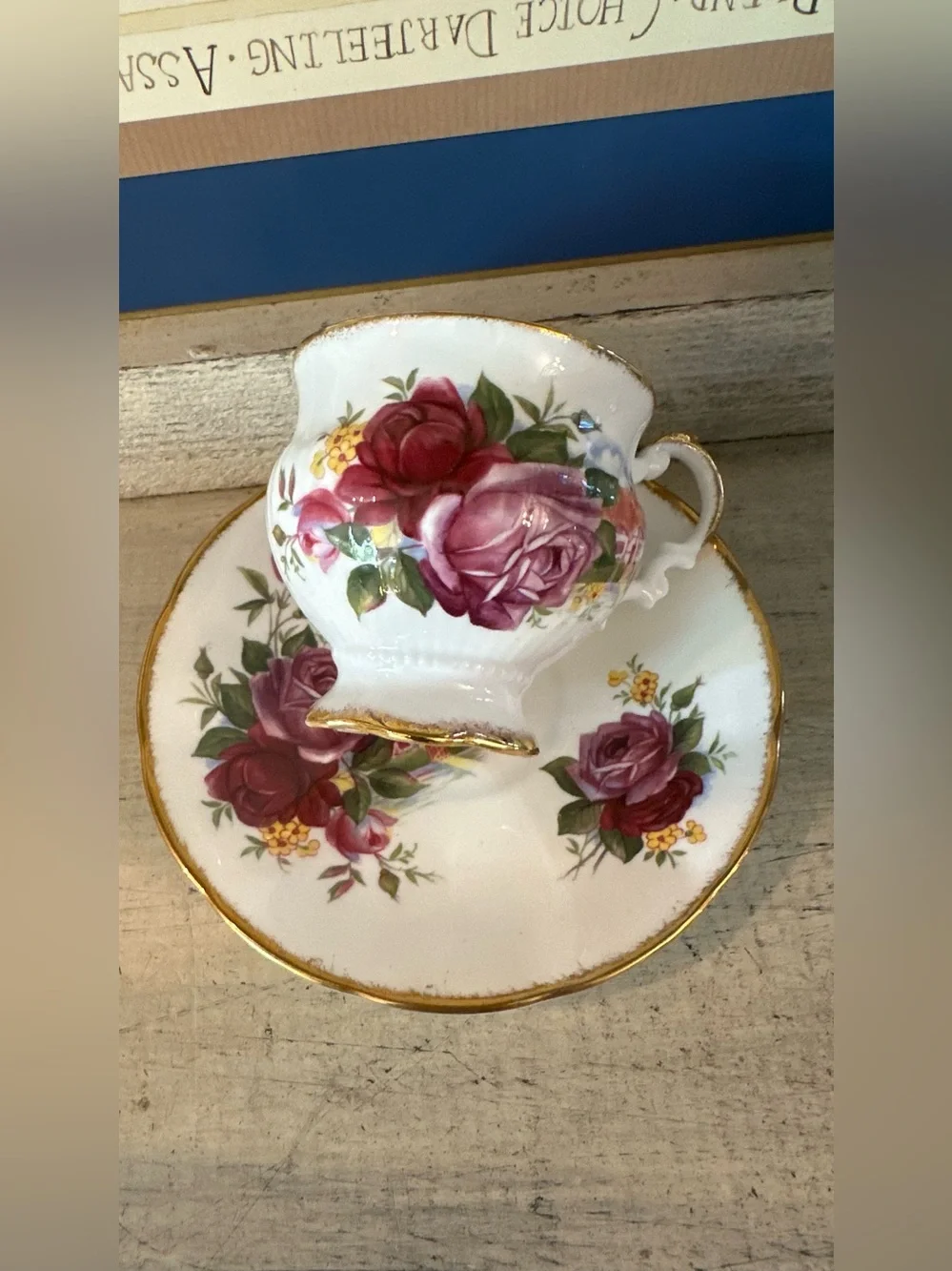 Elizabethan fine bone china tea cup with deep pink rose & old English village